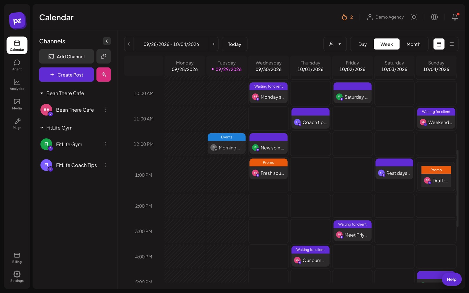 The Postozo calendar showing a week of scheduled posts for 2 clients, some waiting for client approval